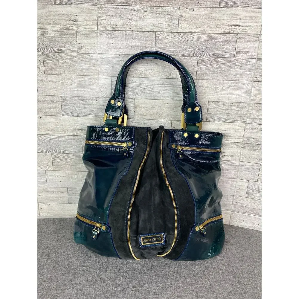 Jimmy Choo Blue Liquid Patent Leather Large Mona Tote Bag Authentic w/ dust bag - Picture 3 of 16